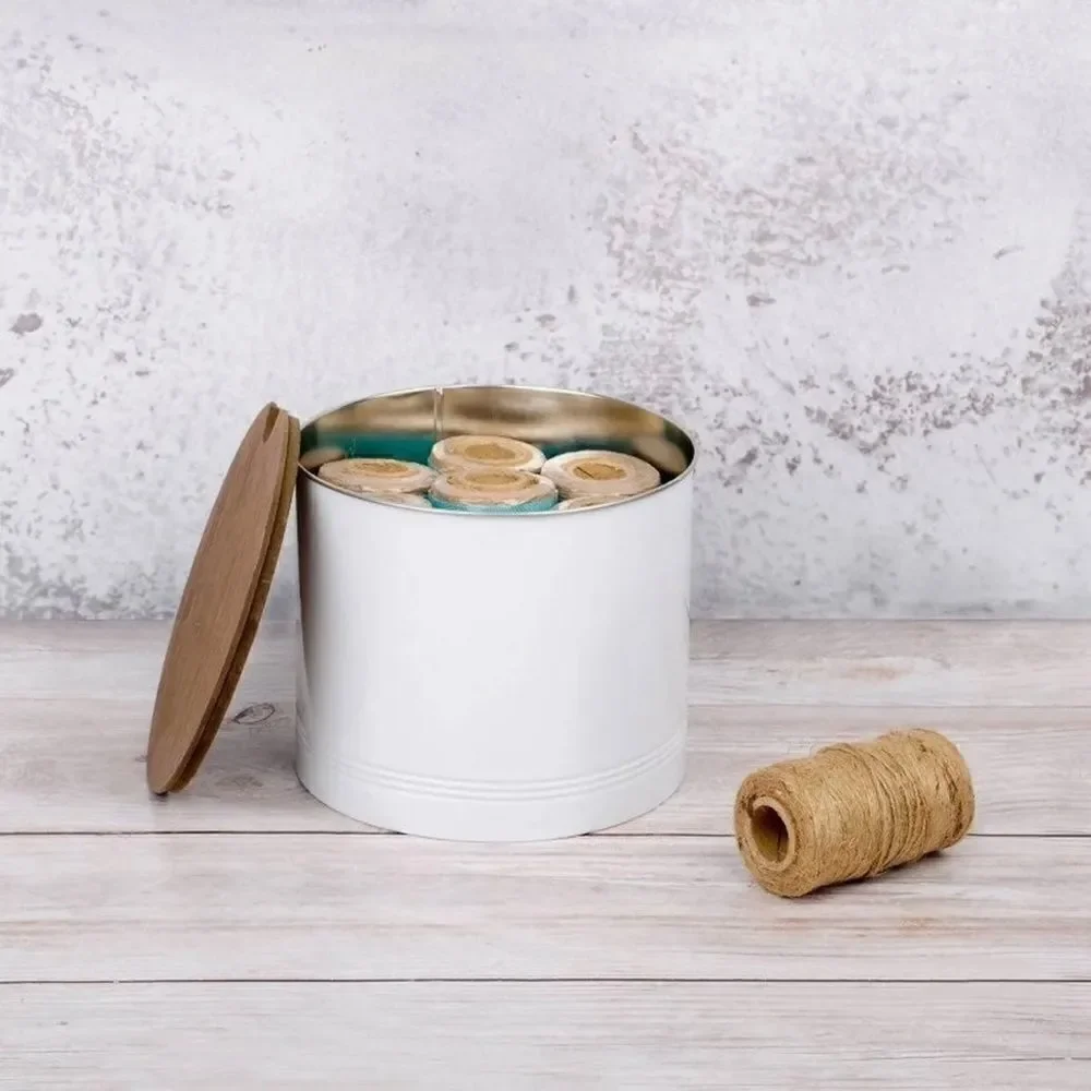 NWT New & Sealed White Metal Aluminum with Wood Lid Storage Container Canister